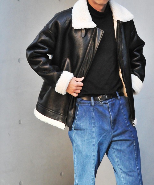 NILWAY（ニルウェイ）の「ヘビーPUレザー裏ボアムートンボンバージャケット / ビッグバルーンシルエット（ブルゾン・メンズ・ブラック×ブラック/ブラック×ホワイト・MEDIUM/LARGE）」の16枚目の写真