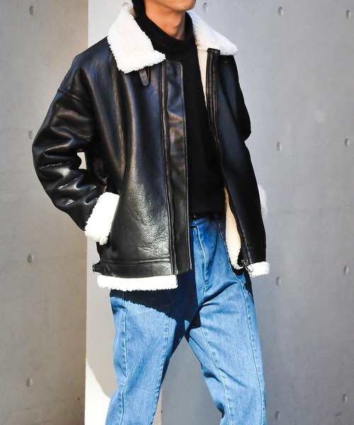 NILWAY（ニルウェイ）の「ヘビーPUレザー裏ボアムートンボンバージャケット / ビッグバルーンシルエット（ブルゾン・メンズ・ブラック×ブラック/ブラック×ホワイト・MEDIUM/LARGE）」の17枚目の写真