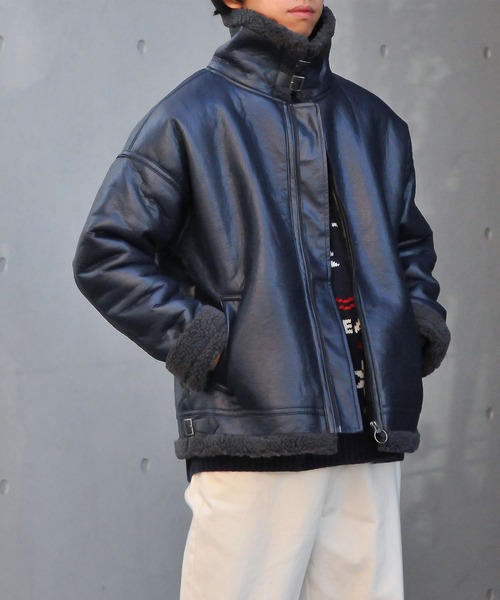 NILWAY（ニルウェイ）の「ヘビーPUレザー裏ボアムートンボンバージャケット / ビッグバルーンシルエット（ブルゾン・メンズ・ブラック×ブラック/ブラック×ホワイト・MEDIUM/LARGE）」の20枚目の写真