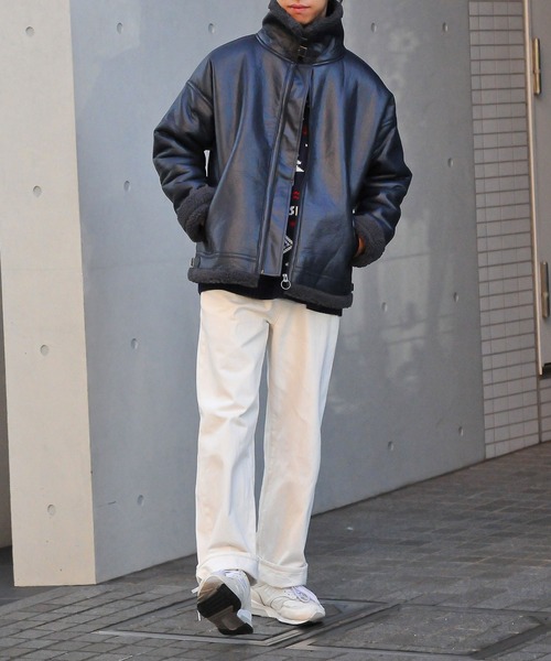 NILWAY（ニルウェイ）の「ヘビーPUレザー裏ボアムートンボンバージャケット / ビッグバルーンシルエット（ブルゾン・メンズ・ブラック×ブラック/ブラック×ホワイト・MEDIUM/LARGE）」の21枚目の写真