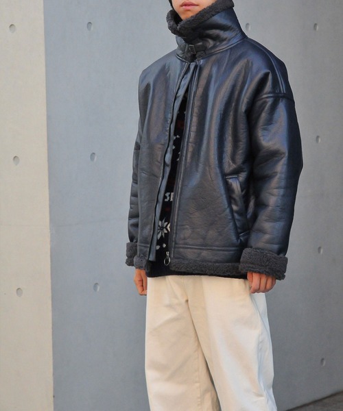 NILWAY（ニルウェイ）の「ヘビーPUレザー裏ボアムートンボンバージャケット / ビッグバルーンシルエット（ブルゾン・メンズ・ブラック×ブラック/ブラック×ホワイト・MEDIUM/LARGE）」の22枚目の写真