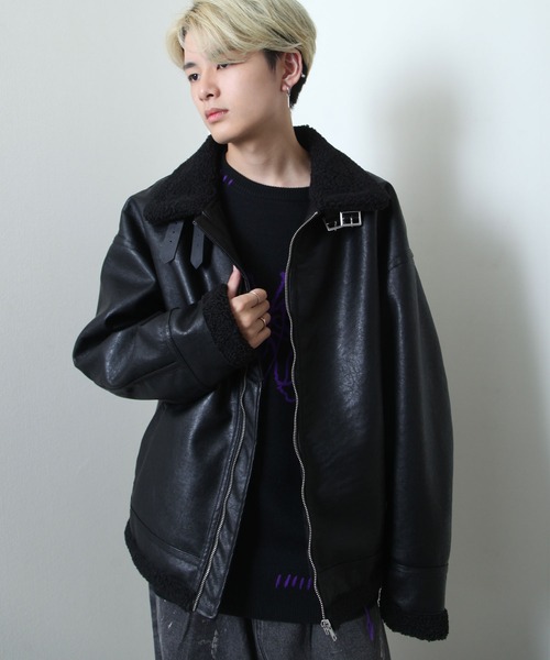 NILWAY（ニルウェイ）の「ヘビーPUレザー裏ボアムートンボンバージャケット / ビッグバルーンシルエット（ブルゾン・メンズ・ブラック×ブラック/ブラック×ホワイト・MEDIUM/LARGE）」の7枚目の写真