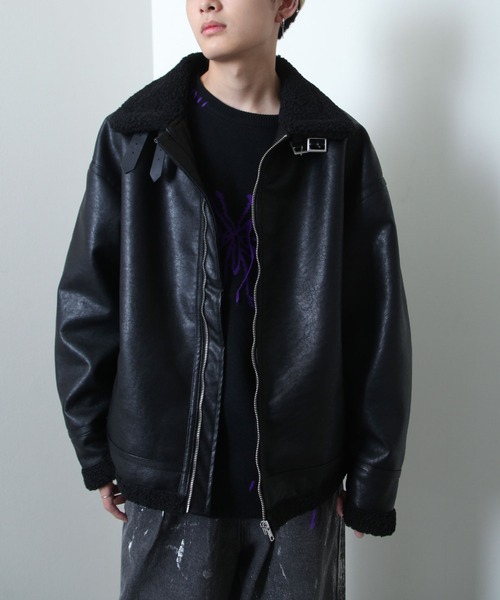 NILWAY（ニルウェイ）の「ヘビーPUレザー裏ボアムートンボンバージャケット / ビッグバルーンシルエット（ブルゾン・メンズ・ブラック×ブラック/ブラック×ホワイト・MEDIUM/LARGE）」の8枚目の写真