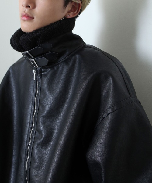 NILWAY（ニルウェイ）の「ヘビーPUレザー裏ボアムートンボンバージャケット / ビッグバルーンシルエット（ブルゾン・メンズ・ブラック×ブラック/ブラック×ホワイト・MEDIUM/LARGE）」の11枚目の写真