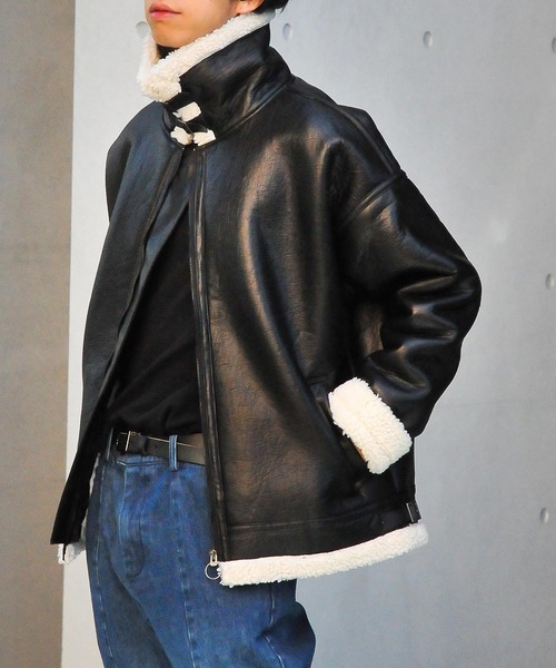 NILWAY（ニルウェイ）の「ヘビーPUレザー裏ボアムートンボンバージャケット / ビッグバルーンシルエット（ブルゾン・メンズ・ブラック×ブラック/ブラック×ホワイト・MEDIUM/LARGE）」の13枚目の写真