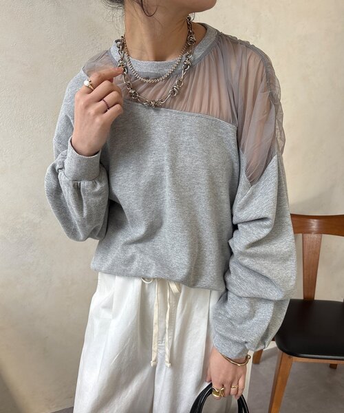 DouDou（ドゥドゥ）の「【WEB限定】シアー切替カットソー（Tシャツ/カットソー・レディース・ブラック/ブラウン/オフホワイト/グレー・FREE）」の3枚目の写真