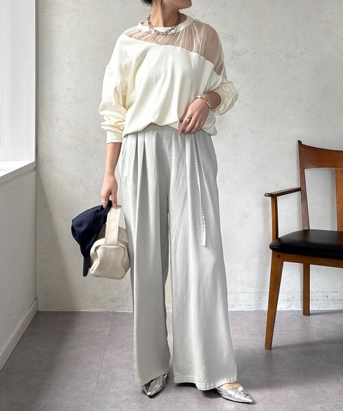 DouDou（ドゥドゥ）の「【WEB限定】シアー切替カットソー（Tシャツ/カットソー・レディース・ブラック/ブラウン/オフホワイト/グレー・FREE）」の22枚目の写真