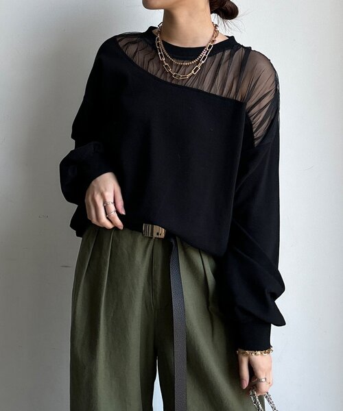 DouDou（ドゥドゥ）の「【WEB限定】シアー切替カットソー（Tシャツ/カットソー・レディース・ブラック/ブラウン/オフホワイト/グレー・FREE）」の12枚目の写真