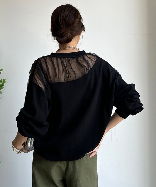 DouDou（ドゥドゥ）の「【WEB限定】シアー切替カットソー（Tシャツ/カットソー・レディース・ブラック/ブラウン/オフホワイト/グレー・FREE）」の13枚目の写真