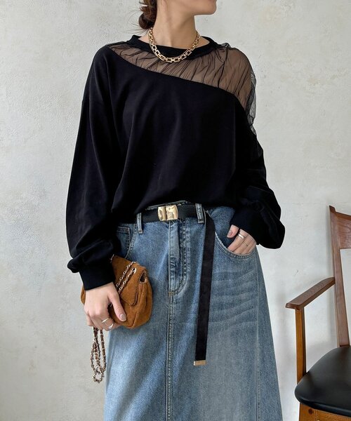 DouDou（ドゥドゥ）の「【WEB限定】シアー切替カットソー（Tシャツ/カットソー・レディース・ブラック/ブラウン/オフホワイト/グレー・FREE）」の14枚目の写真