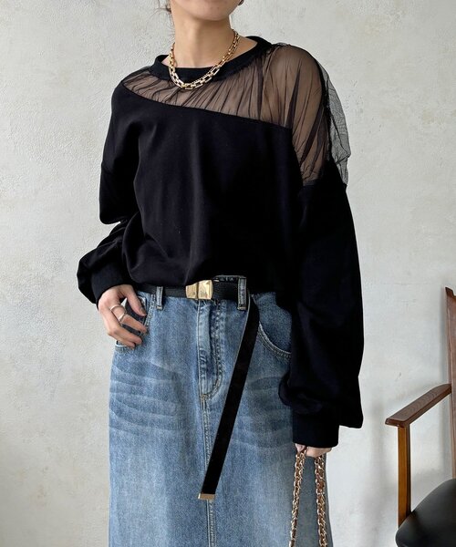 DouDou（ドゥドゥ）の「【WEB限定】シアー切替カットソー（Tシャツ/カットソー・レディース・ブラック/ブラウン/オフホワイト/グレー・FREE）」の16枚目の写真