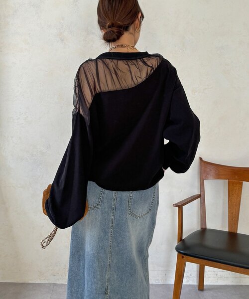 DouDou（ドゥドゥ）の「【WEB限定】シアー切替カットソー（Tシャツ/カットソー・レディース・ブラック/ブラウン/オフホワイト/グレー・FREE）」の18枚目の写真