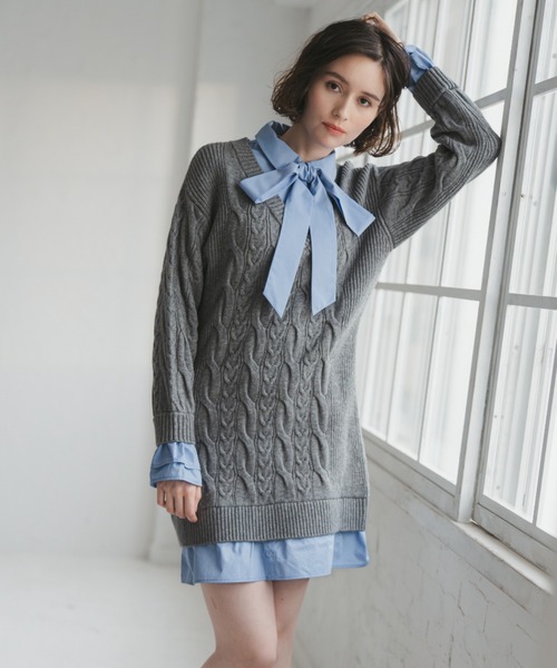 31 Sons de mode（トランテアン　ソン　ドゥ　モード）の「2025秋冬新作 シャツレイヤードケーブルワンピース（ワンピース・レディース・グレー/オフホワイト/キャメル・ﾌﾘ-）」の5枚目の写真