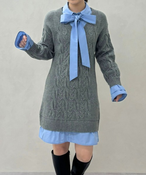 31 Sons de mode（トランテアン　ソン　ドゥ　モード）の「2025秋冬新作 シャツレイヤードケーブルワンピース（ワンピース・レディース・グレー/オフホワイト/キャメル・ﾌﾘ-）」の10枚目の写真