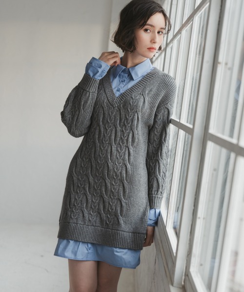 31 Sons de mode（トランテアン　ソン　ドゥ　モード）の「2025秋冬新作 シャツレイヤードケーブルワンピース（ワンピース・レディース・グレー/オフホワイト/キャメル・ﾌﾘ-）」の7枚目の写真