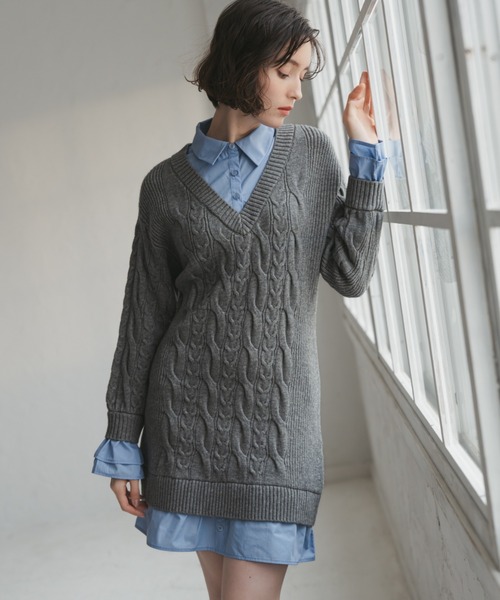 31 Sons de mode（トランテアン　ソン　ドゥ　モード）の「2025秋冬新作 シャツレイヤードケーブルワンピース（ワンピース・レディース・グレー/オフホワイト/キャメル・ﾌﾘ-）」の9枚目の写真