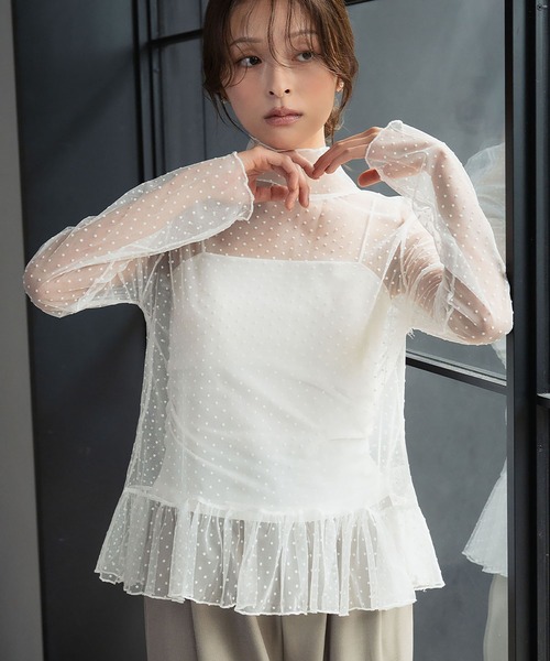 LOWO(ロワ)の「シースルートップス 長袖 ハイネック カットソー 黒 ドット シアートップス インナー ペプラム レイヤード(Tシャツ/カットソー・レディース・ホワイト/ブラック/アイボリー・FREE)」の2枚目の写真