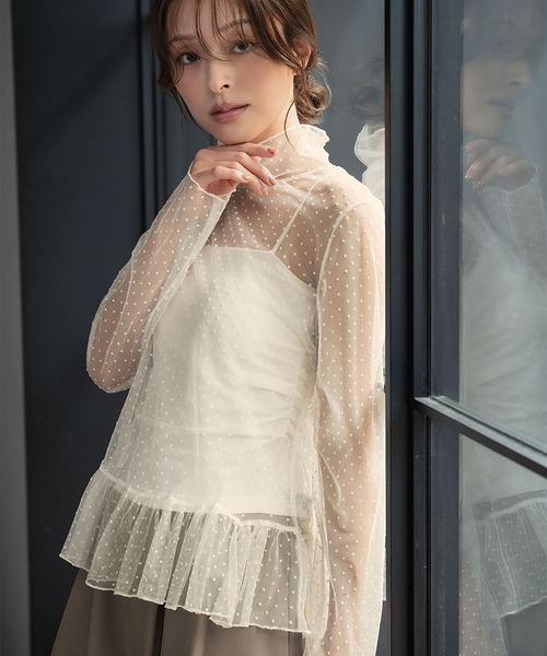 LOWO(ロワ)の「シースルートップス 長袖 ハイネック カットソー 黒 ドット シアートップス インナー ペプラム レイヤード(Tシャツ/カットソー・レディース・ホワイト/ブラック/アイボリー・FREE)」の3枚目の写真