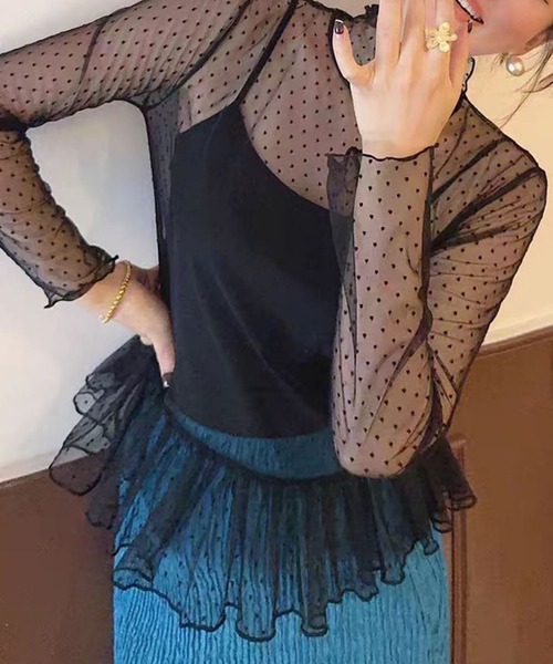 LOWO(ロワ)の「シースルートップス 長袖 ハイネック カットソー 黒 ドット シアートップス インナー ペプラム レイヤード(Tシャツ/カットソー・レディース・ホワイト/ブラック/アイボリー・FREE)」の1枚目の写真