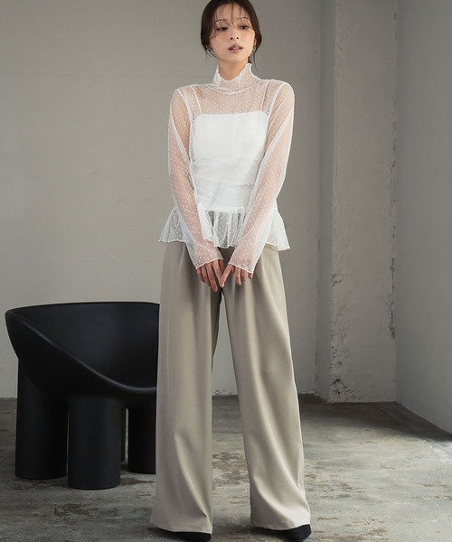 LOWO(ロワ)の「シースルートップス 長袖 ハイネック カットソー 黒 ドット シアートップス インナー ペプラム レイヤード(Tシャツ/カットソー・レディース・ホワイト/ブラック/アイボリー・FREE)」の4枚目の写真