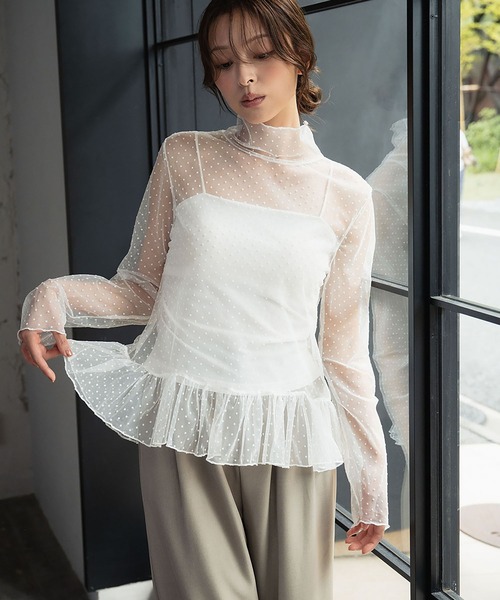 LOWO(ロワ)の「シースルートップス 長袖 ハイネック カットソー 黒 ドット シアートップス インナー ペプラム レイヤード(Tシャツ/カットソー・レディース・ホワイト/ブラック/アイボリー・FREE)」の5枚目の写真