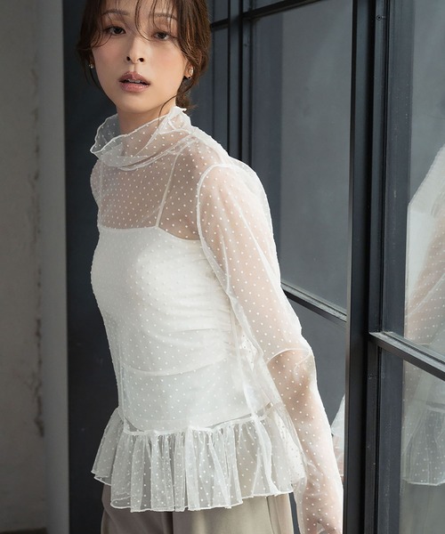 LOWO(ロワ)の「シースルートップス 長袖 ハイネック カットソー 黒 ドット シアートップス インナー ペプラム レイヤード(Tシャツ/カットソー・レディース・ホワイト/ブラック/アイボリー・FREE)」の6枚目の写真