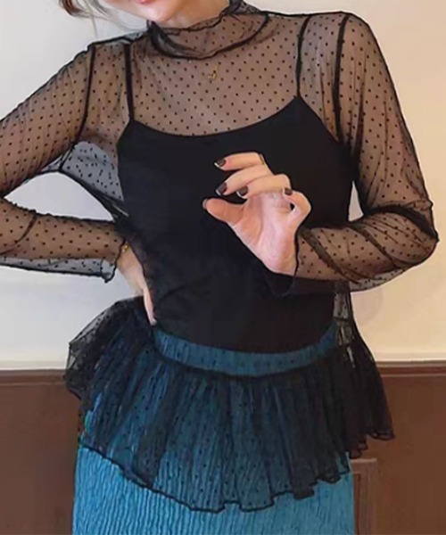 LOWO(ロワ)の「シースルートップス 長袖 ハイネック カットソー 黒 ドット シアートップス インナー ペプラム レイヤード(Tシャツ/カットソー・レディース・ホワイト/ブラック/アイボリー・FREE)」の10枚目の写真