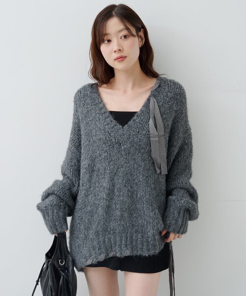 Kastane（カスタネ）の「リボンテープローゲージニット（ニット/セーター・レディース・グレー/アイボリー/ピンク・MEDIUM）」の17枚目の写真