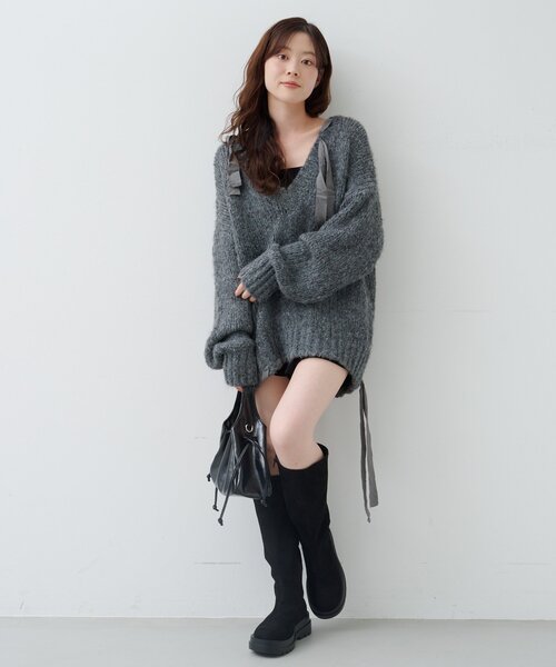 Kastane（カスタネ）の「リボンテープローゲージニット（ニット/セーター・レディース・グレー/アイボリー/ピンク・MEDIUM）」の15枚目の写真