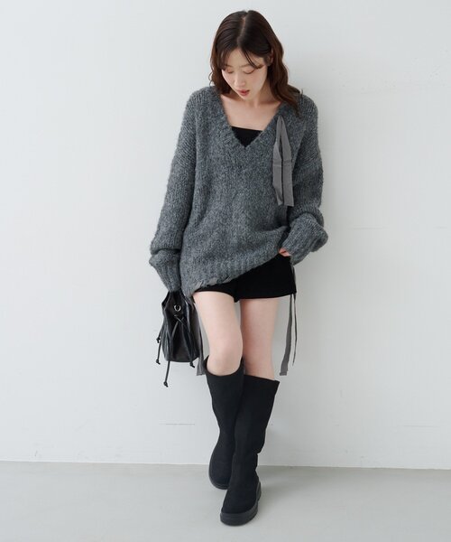 Kastane（カスタネ）の「リボンテープローゲージニット（ニット/セーター・レディース・グレー/アイボリー/ピンク・MEDIUM）」の16枚目の写真