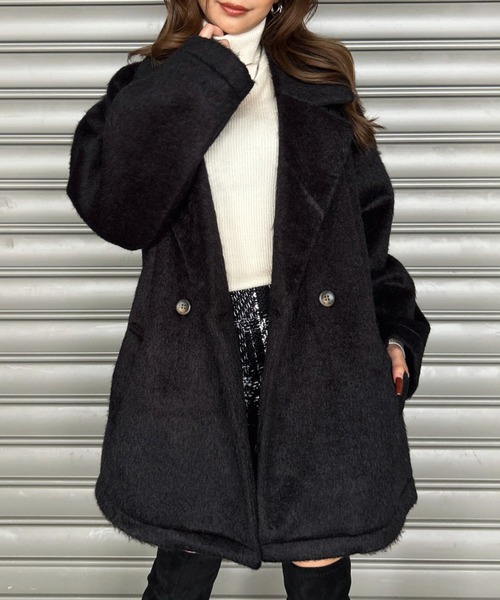 EGOIST（エゴイスト）の「シャギーダブルミドル丈コート（その他アウター・レディース・ダークグレー/ブラック・FREE）」の2枚目の写真