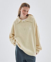 ウォッシャブルハーフハートロゴ刺繍半ジップニットオーバーサイズ[ベージュ]