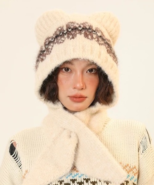 セール】【秋冬新作】帽子×マフラー一体型ふわもこ柄ニットフード / 4