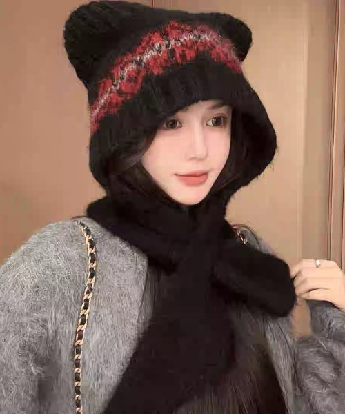 セール】【秋冬新作】帽子×マフラー一体型ふわもこ柄ニットフード / 4