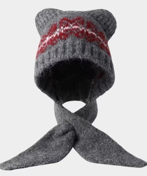 セール】【秋冬新作】帽子×マフラー一体型ふわもこ柄ニットフード / 4