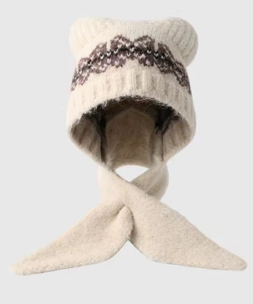 セール】【秋冬新作】帽子×マフラー一体型ふわもこ柄ニットフード / 4