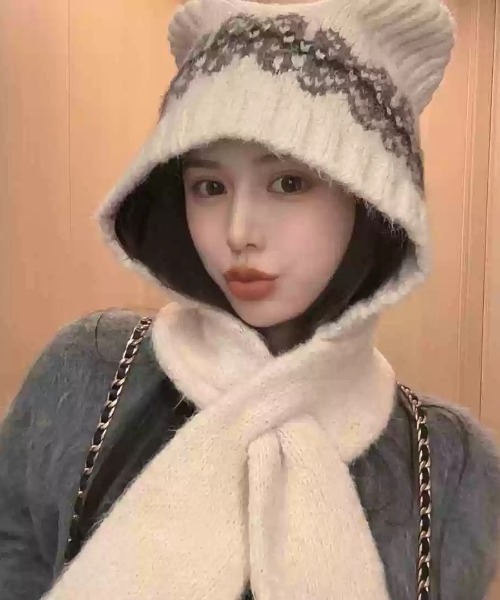 セール】【秋冬新作】帽子×マフラー一体型ふわもこ柄ニットフード / 4
