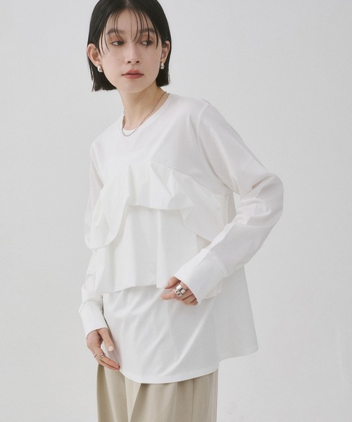 hunch（ハンチ）の「フロントフリル長袖Tシャツ（Tシャツ/カットソー・レディース・ブラック/オフホワイト/チャコール・FREE）」の4枚目の写真