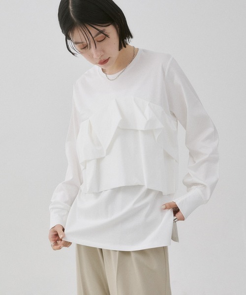 hunch（ハンチ）の「フロントフリル長袖Tシャツ（Tシャツ/カットソー・レディース・ブラック/オフホワイト/チャコール・FREE）」の5枚目の写真