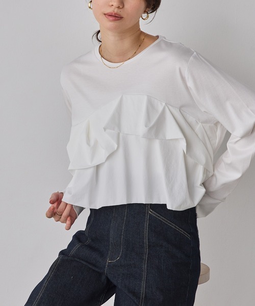 hunch（ハンチ）の「フロントフリル長袖Tシャツ（Tシャツ/カットソー・レディース・ブラック/オフホワイト/チャコール・FREE）」の7枚目の写真