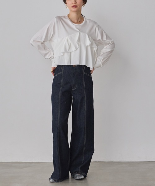 hunch（ハンチ）の「フロントフリル長袖Tシャツ（Tシャツ/カットソー・レディース・ブラック/オフホワイト/チャコール・FREE）」の10枚目の写真