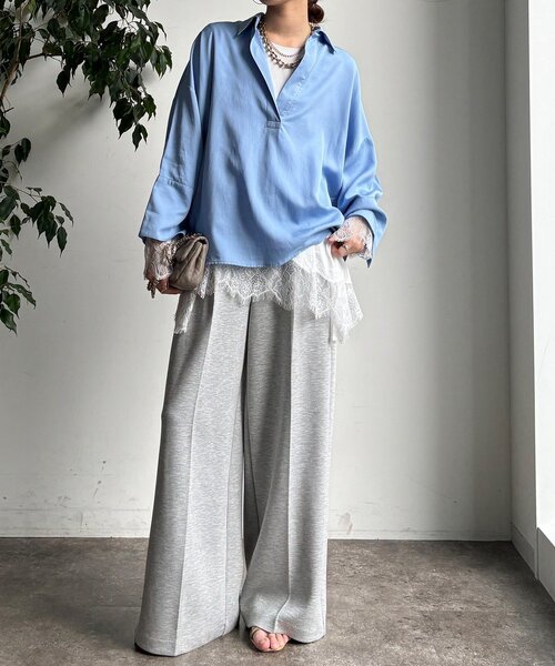 DouDou（ドゥドゥ）の「ヘムレースロンTEE（Tシャツ/カットソー・レディース・オフホワイト/グレー/ブラック・FREE）」の4枚目の写真