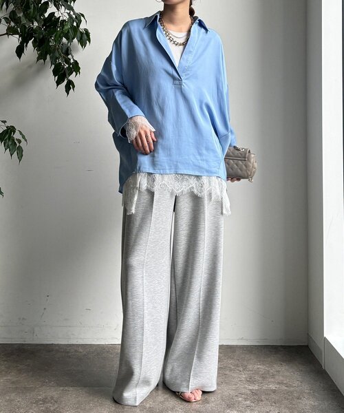 DouDou（ドゥドゥ）の「ヘムレースロンTEE（Tシャツ/カットソー・レディース・オフホワイト/グレー/ブラック・FREE）」の5枚目の写真