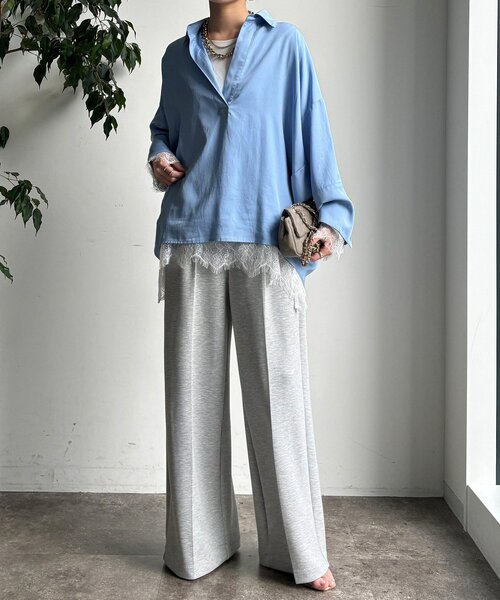 DouDou（ドゥドゥ）の「ヘムレースロンTEE（Tシャツ/カットソー・レディース・オフホワイト/グレー/ブラック・FREE）」の6枚目の写真