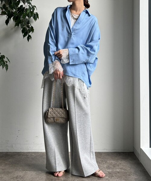 DouDou（ドゥドゥ）の「ヘムレースロンTEE（Tシャツ/カットソー・レディース・オフホワイト/グレー/ブラック・FREE）」の7枚目の写真