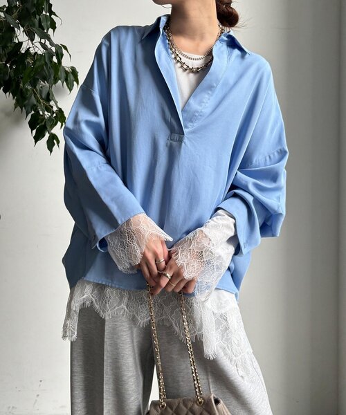 DouDou（ドゥドゥ）の「ヘムレースロンTEE（Tシャツ/カットソー・レディース・オフホワイト/グレー/ブラック・FREE）」の9枚目の写真