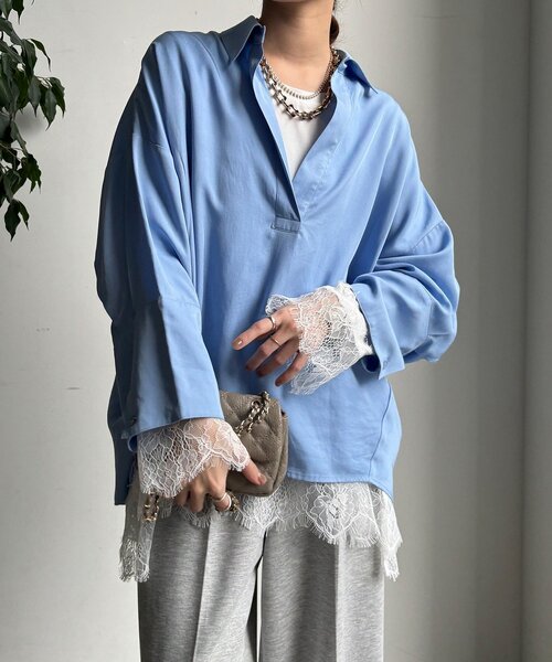 DouDou（ドゥドゥ）の「ヘムレースロンTEE（Tシャツ/カットソー・レディース・オフホワイト/グレー/ブラック・FREE）」の10枚目の写真