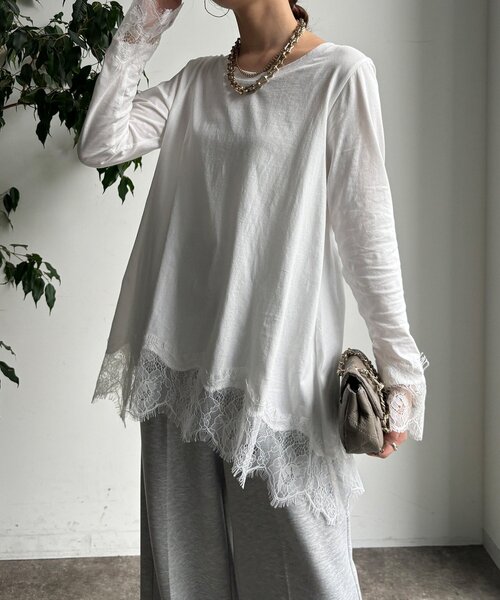 DouDou（ドゥドゥ）の「ヘムレースロンTEE（Tシャツ/カットソー・レディース・オフホワイト/グレー/ブラック・FREE）」の13枚目の写真