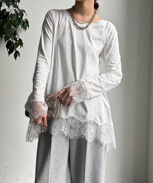 DouDou（ドゥドゥ）の「ヘムレースロンTEE（Tシャツ/カットソー・レディース・オフホワイト/グレー/ブラック・FREE）」の14枚目の写真