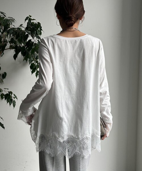 DouDou（ドゥドゥ）の「ヘムレースロンTEE（Tシャツ/カットソー・レディース・オフホワイト/グレー/ブラック・FREE）」の15枚目の写真